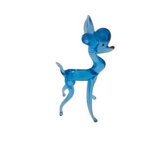 Miniature Blue Art Glass Deer red nose Figurine 4.5" Handcrafted  Animal Art